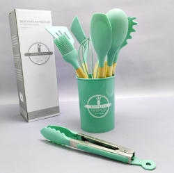 Набор кухонных принадлежностей с подставкой и деревянной ручкой 12 предметов Utensils Set / Подарочный силиконовый набор, БИРЮЗОВЫЙ